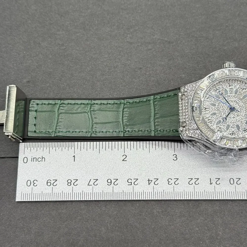 Iced Out Watch Silver Tone Green Leather Band Arabic Dial Baguette Bezel NEW